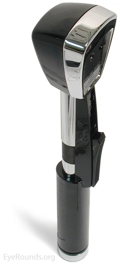 Figure 2: Copeland retinoscope. Putting the sleeve up provides the plane mirror effect. 