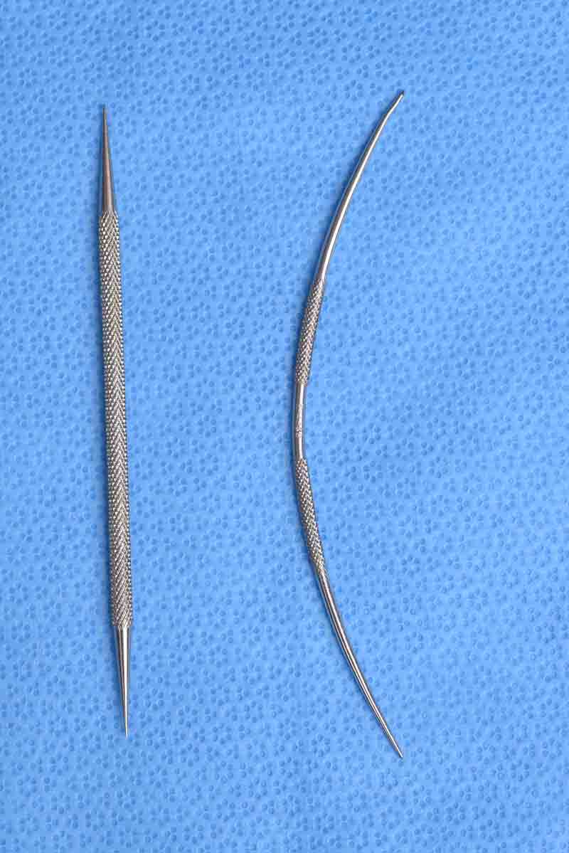 This is a double-ended instrument that is most commonly used in lacrimal system procedures. The dilator is used to help enlarge the puncta and canaliculus for punctal or canalicular procedures such as probing, stenting, punctal plug placement, punctoplasty, or marsupialization of the canaliculus.