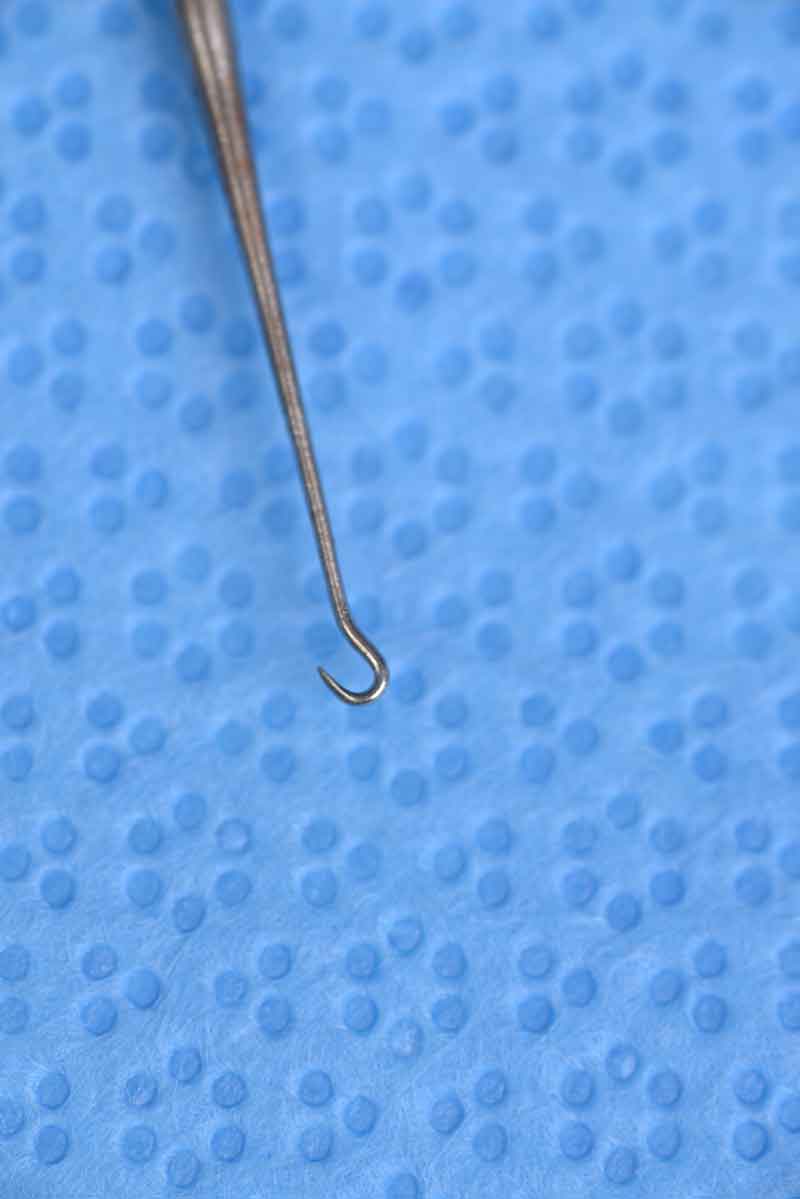 This small, single-pronged hook is used for retraction, dissection, and removal of tissues. These hooks are used when undermining thin skin such as during direct closure of an eyelid laceration or for manipulation of the lacrimal sac and nasal mucosa flaps in dacryocystorhinostomy.